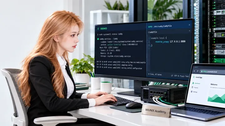 Illustrative WIUNIX Academy Caddy lab with Yuna seated at the keyboard, a configuration monitor and a private server.