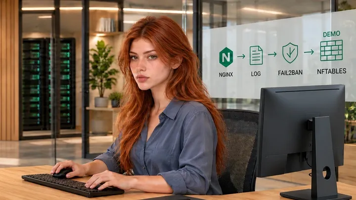 Illustrative WIUNIX Academy studio with seated operator and DEMO Nginx log-to-Fail2ban diagram.