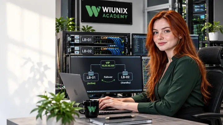 Illustrative WIUNIX Academy networking desk with Kate, HAProxy LB-01 and LB-02, a conceptual virtual IP failover display; no operating system depicted.