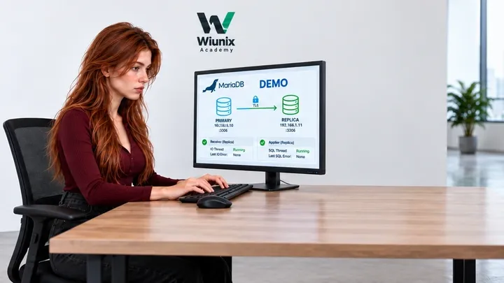 Kate works at a MariaDB primary-replica GTID/TLS demonstration display in an illustrative WIUNIX Academy office.