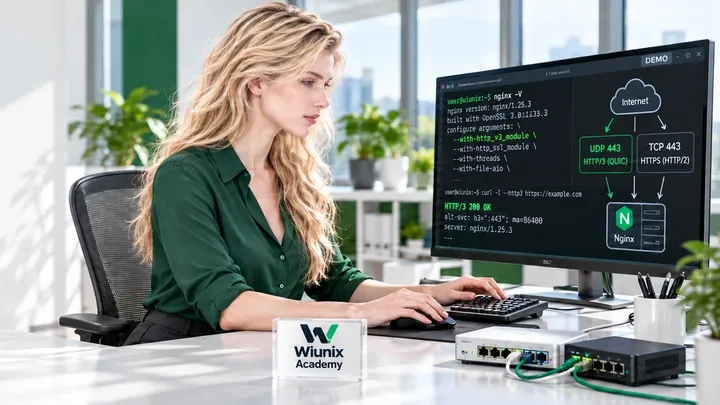 Rose seated at a protocol lab workstation with Nginx QUIC concepts and network devices; generated illustrative scene.