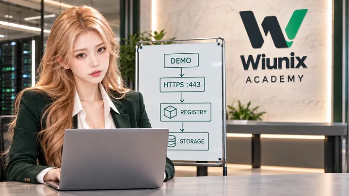 Illustrative registry teaching studio with seated operator, laptop and HTTPS-to-storage DEMO board.