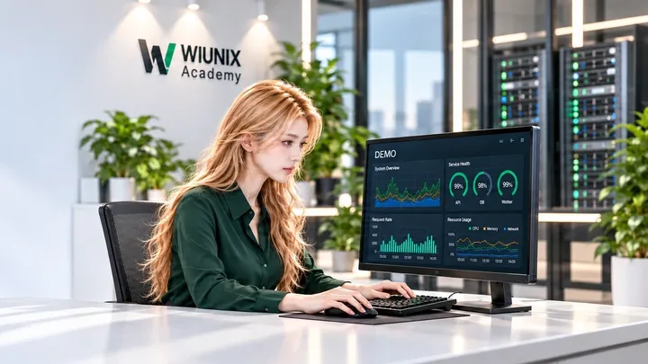 Yuna works at one monitoring display in an illustrative WIUNIX Academy workspace.