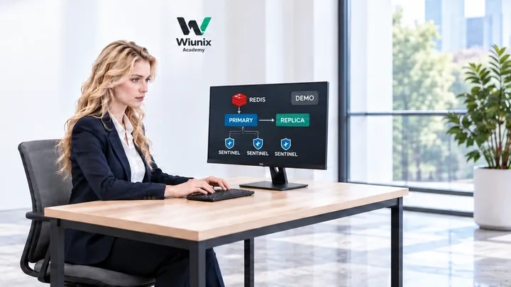 Rose studies a Redis replication and three-Sentinel demonstration at a WIUNIX Academy workstation; fictional illustration.