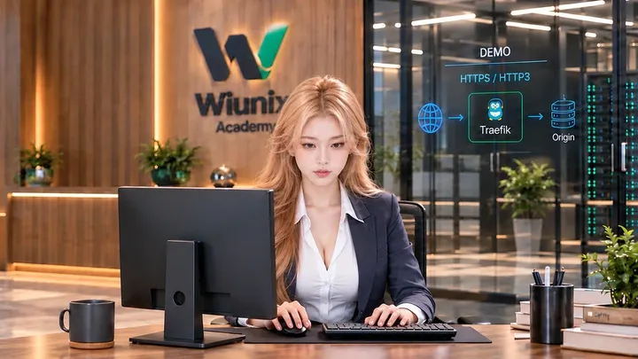 Illustrative WIUNIX Academy studio: seated operator, correctly oriented workstation and Traefik HTTP3 concept diagram.