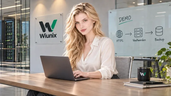 Illustrative DEMO studio with a seated operator, laptop and HTTPS, Vaultwarden and backup diagram.