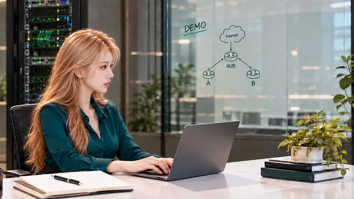 Illustrative network lab with seated operator and a hub/spoke DEMO diagram.