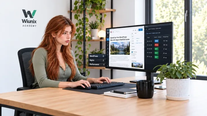 Kate works at a WordPress and Nginx cache demonstration display in an illustrative WIUNIX Academy workspace.