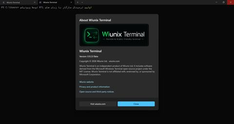 Wiunix Terminal 0.9.2 Beta About dialog
