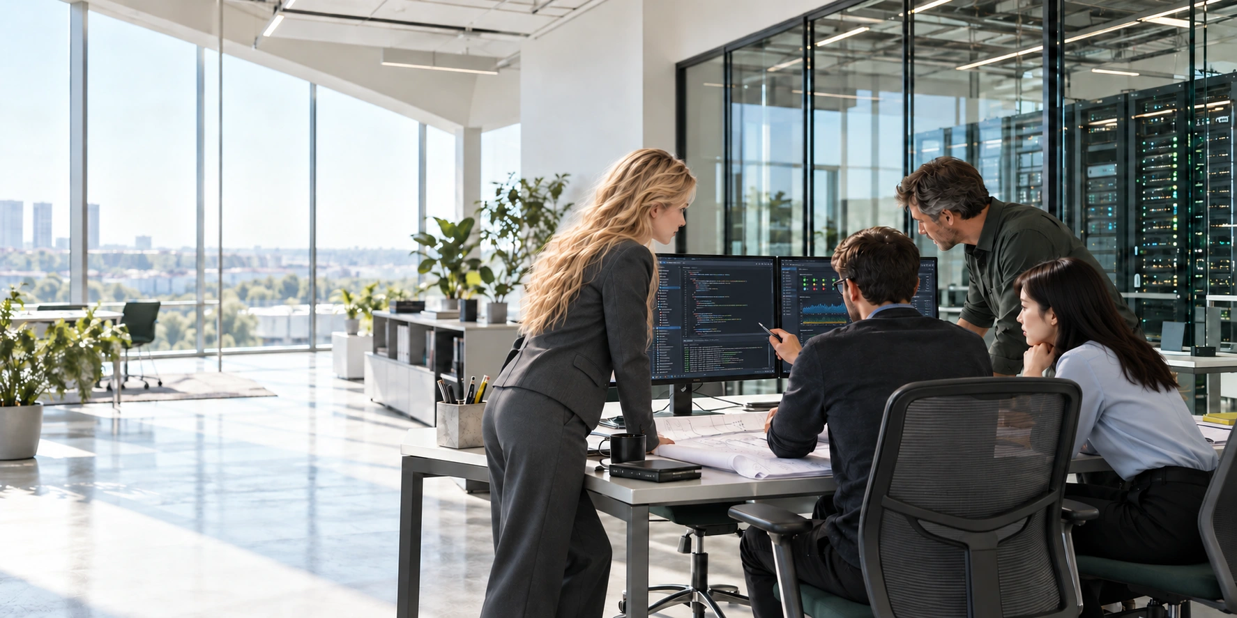 Illustrative four-person engineering team reviewing software and server monitoring beside a glass server room