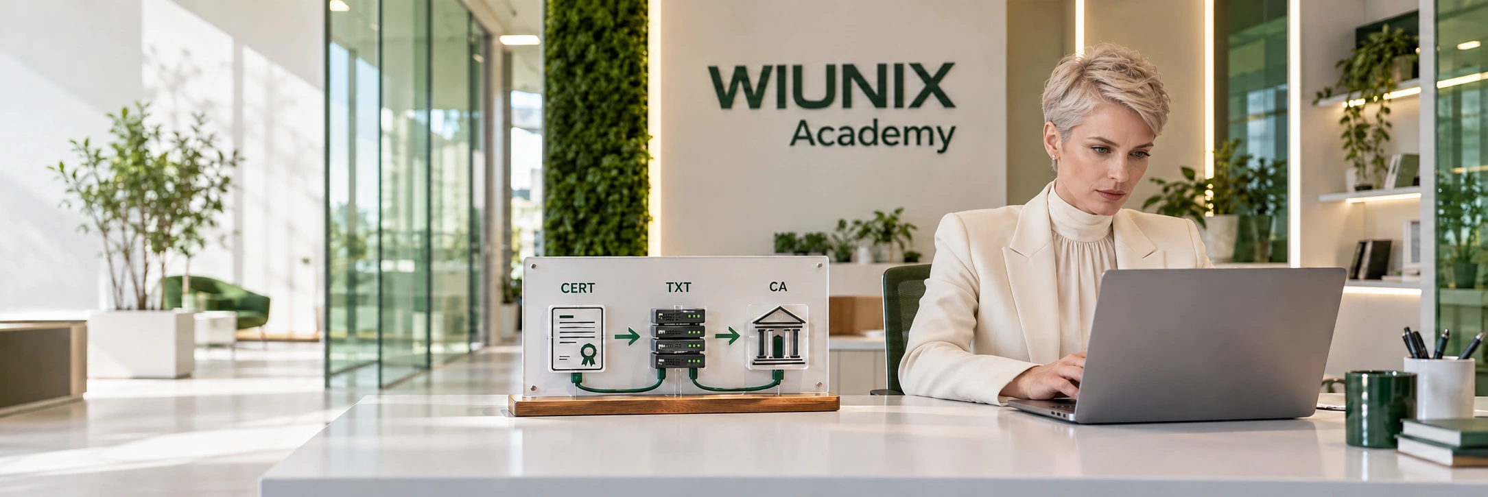Illustrative engineer at a laptop beside a certificate, TXT record and certificate-authority teaching model.