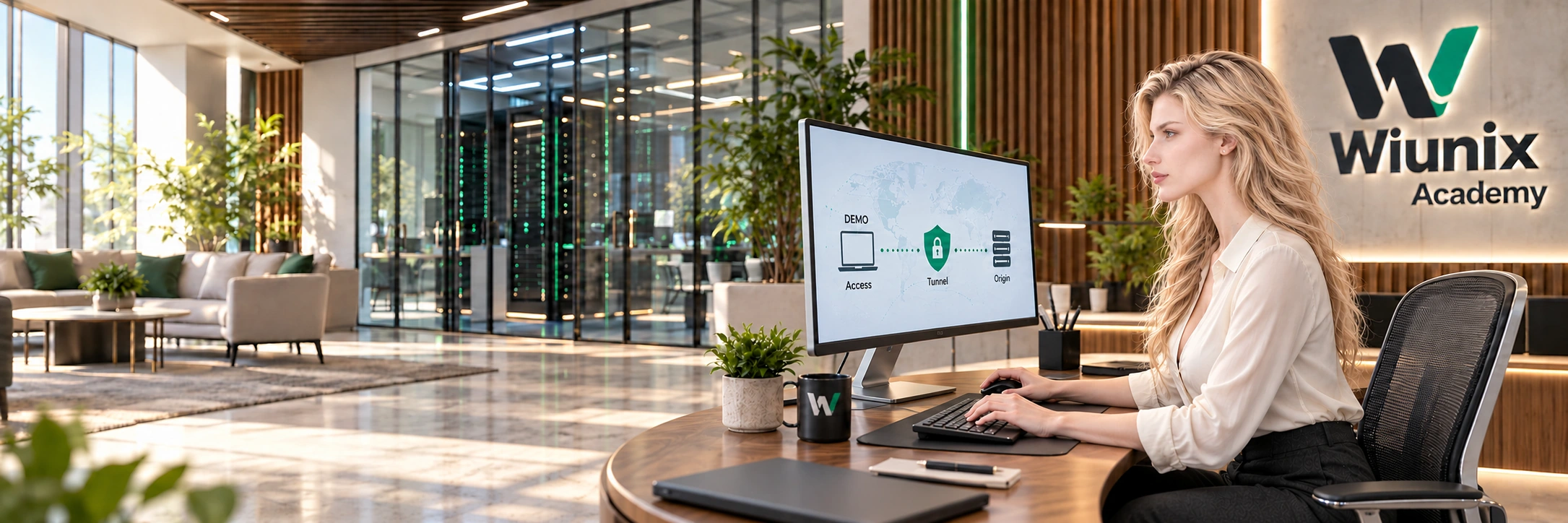 Illustrative Access, Tunnel and Origin concept in a WIUNIX Academy security studio