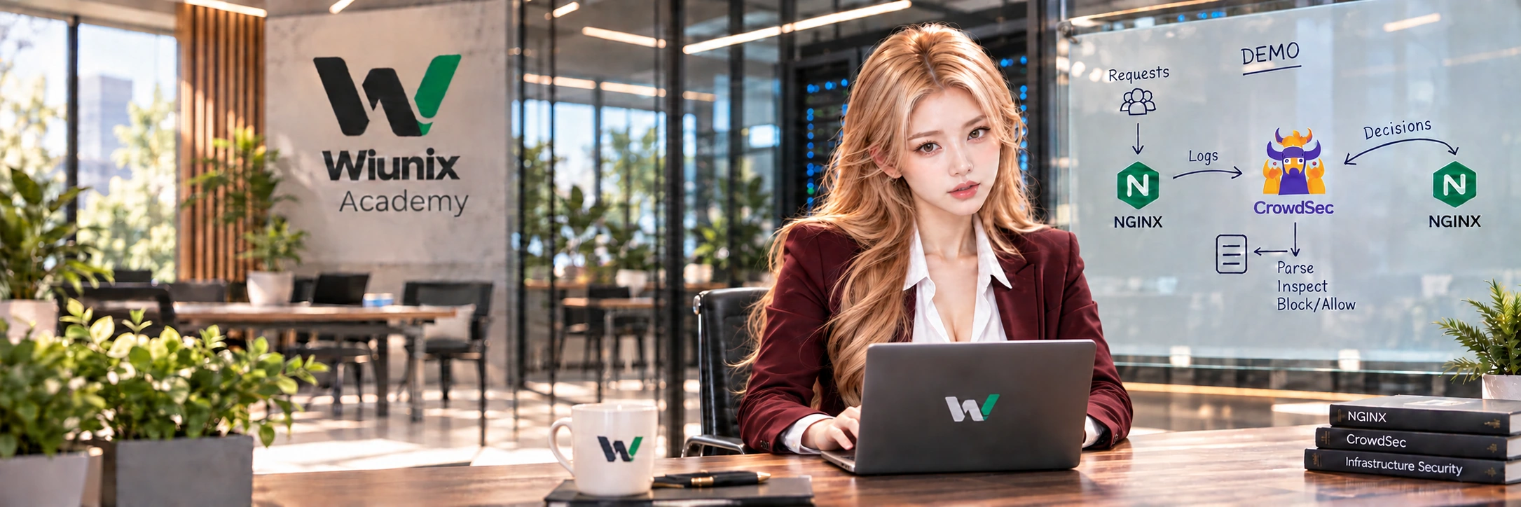 Illustrative WIUNIX Academy studio with Yuna, laptop and a DEMO Nginx/CrowdSec teaching diagram.