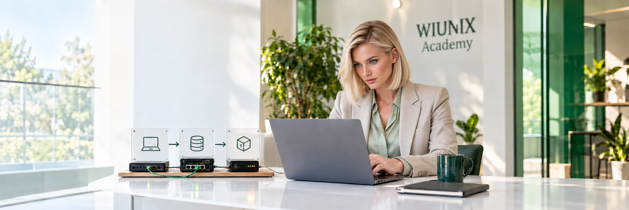 Illustrative engineer using a laptop beside a client, DNS and service teaching model.