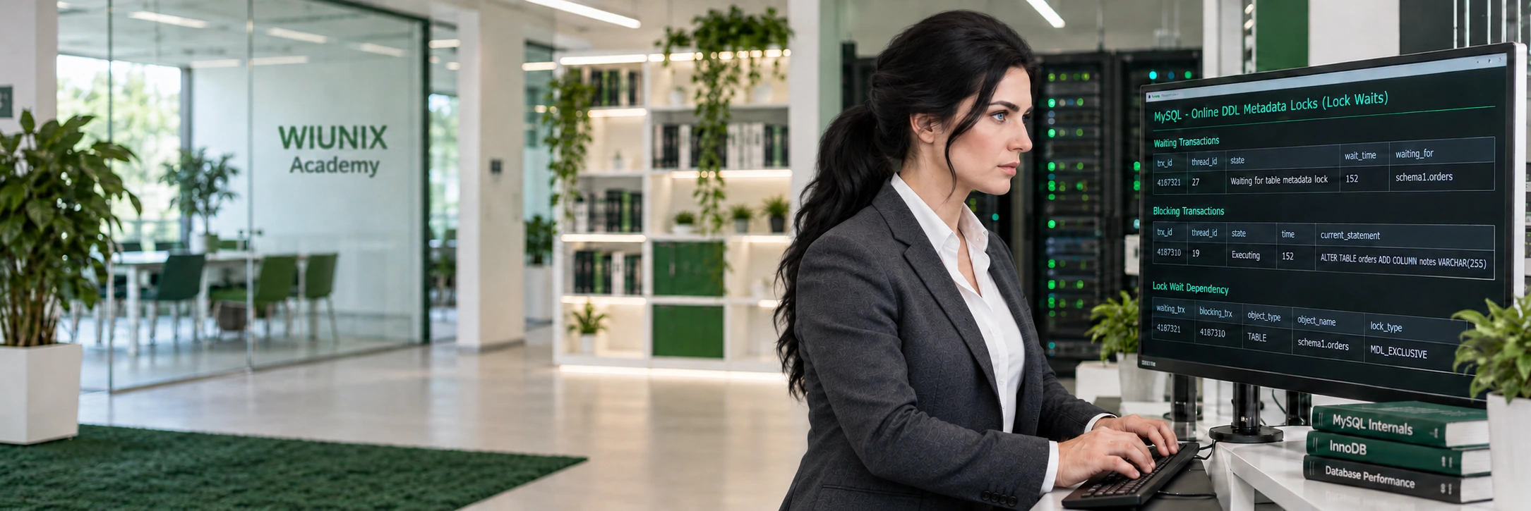 Fictional female specialist investigating a MySQL metadata-lock teaching example in a generated scene.