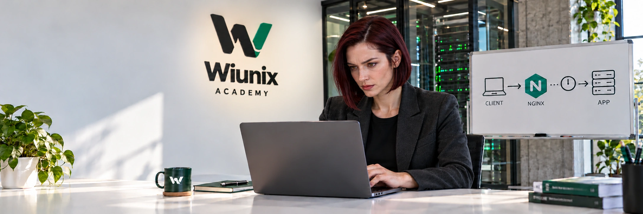 Illustrative Nginx lesson with an engineer using a laptop beside a client–Nginx–application diagram.