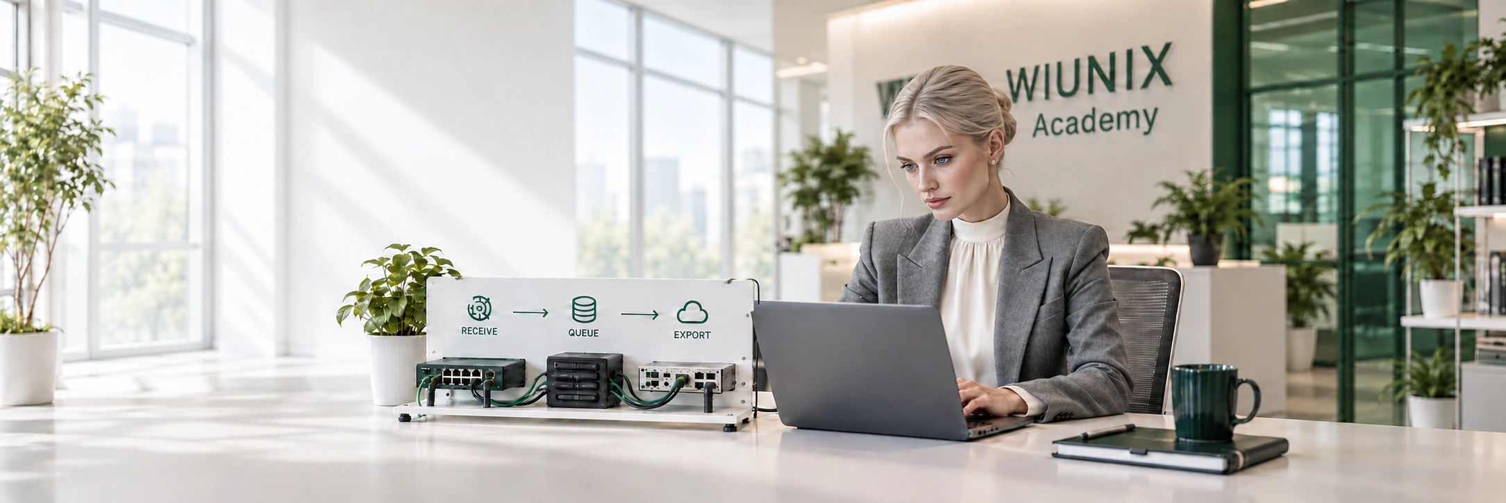 Illustrative engineer using a laptop beside a receive, queue and export demonstration.