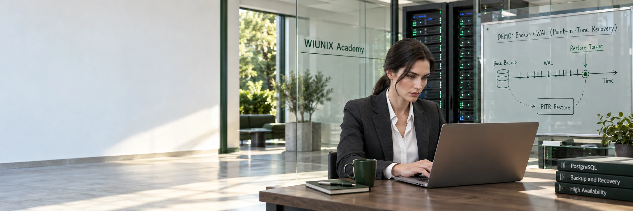 Fictional female specialist in a generated PostgreSQL recovery teaching scene with a WAL diagram.