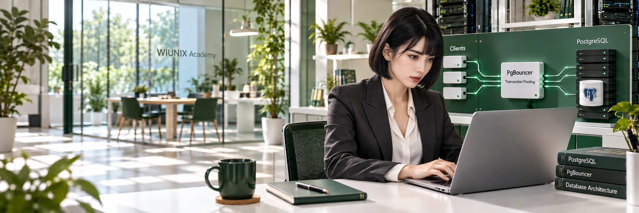 Fictional female specialist in a generated PgBouncer transaction pooling teaching scene.