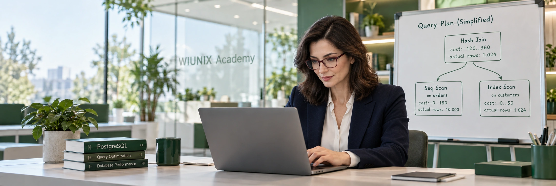 Fictional female specialist reviewing a query-plan teaching diagram in a generated PostgreSQL scene.