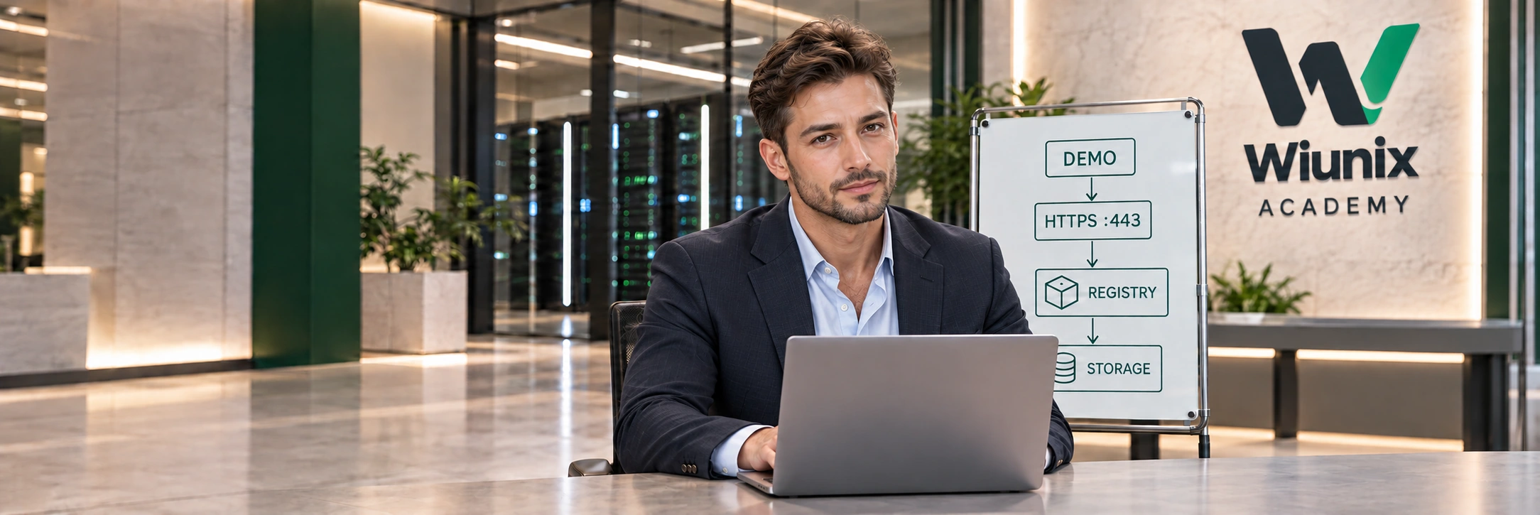 Illustrative private-registry studio with a seated male engineer, laptop and HTTPS-to-storage DEMO board.