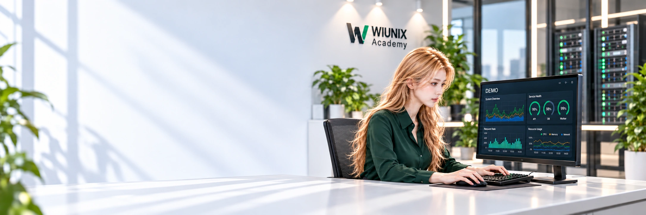 Yuna works at one monitoring display in an illustrative WIUNIX Academy workspace.