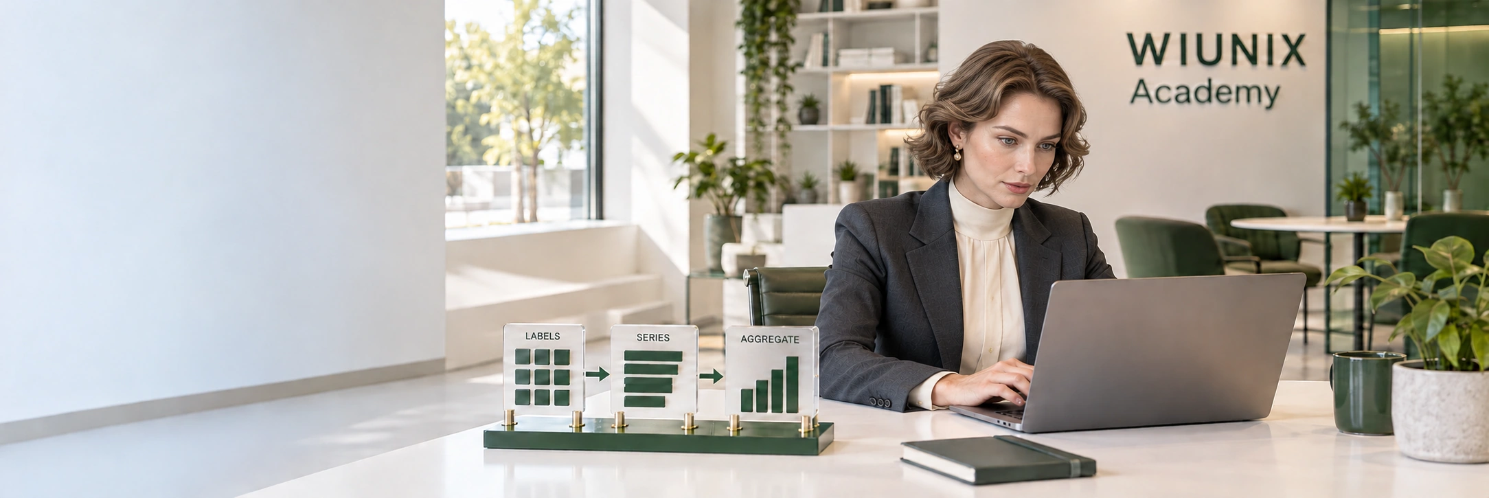 Illustrative engineer at a laptop beside a labels, series and aggregation teaching diagram.