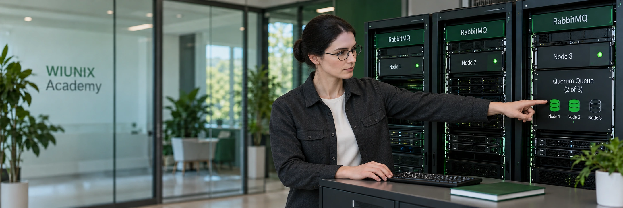 Fictional female specialist in a generated RabbitMQ quorum queue and acknowledgement teaching scene.