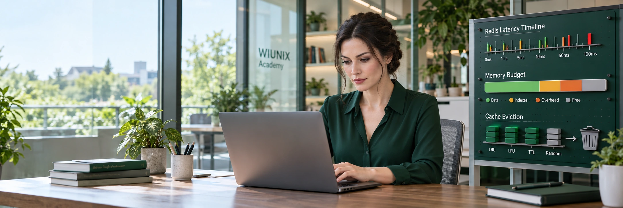 Fictional female specialist examining a Redis latency and memory teaching diagram in a generated scene.