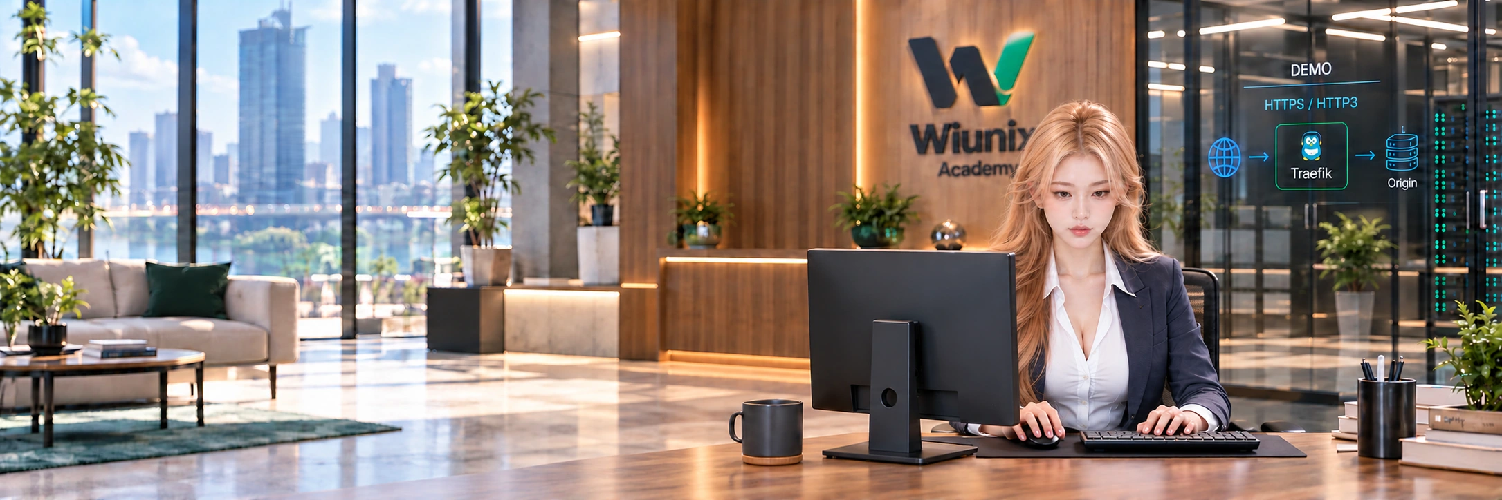 Illustrative WIUNIX Academy studio: seated operator, correctly oriented workstation and Traefik HTTP3 concept diagram.