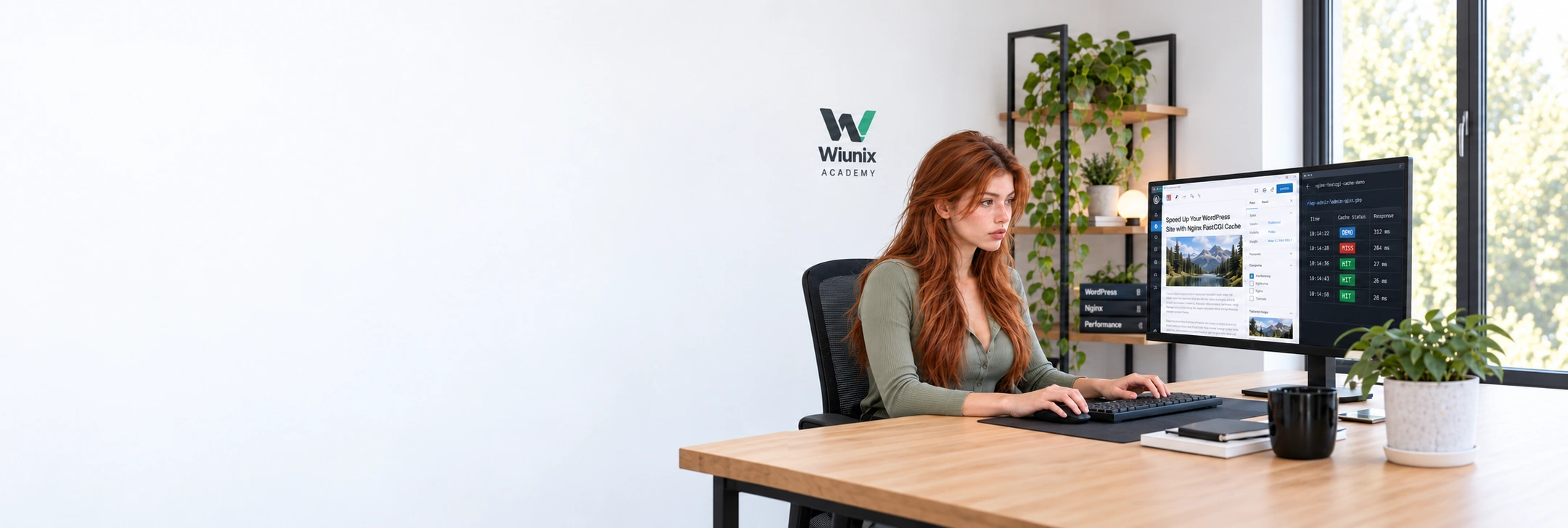 Kate works at a WordPress and Nginx cache demonstration display in an illustrative WIUNIX Academy workspace.