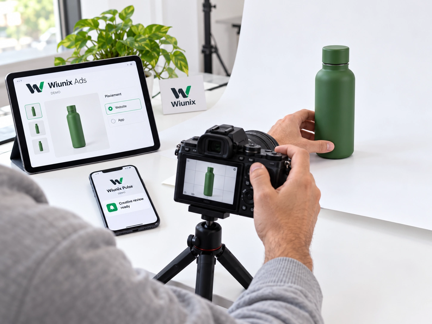 Generated photograph of an advertising creative shoot with demonstration tablet and phone previews