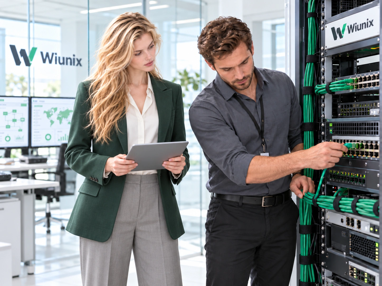 Illustrative Rose and male colleague reviewing network security equipment and a port map