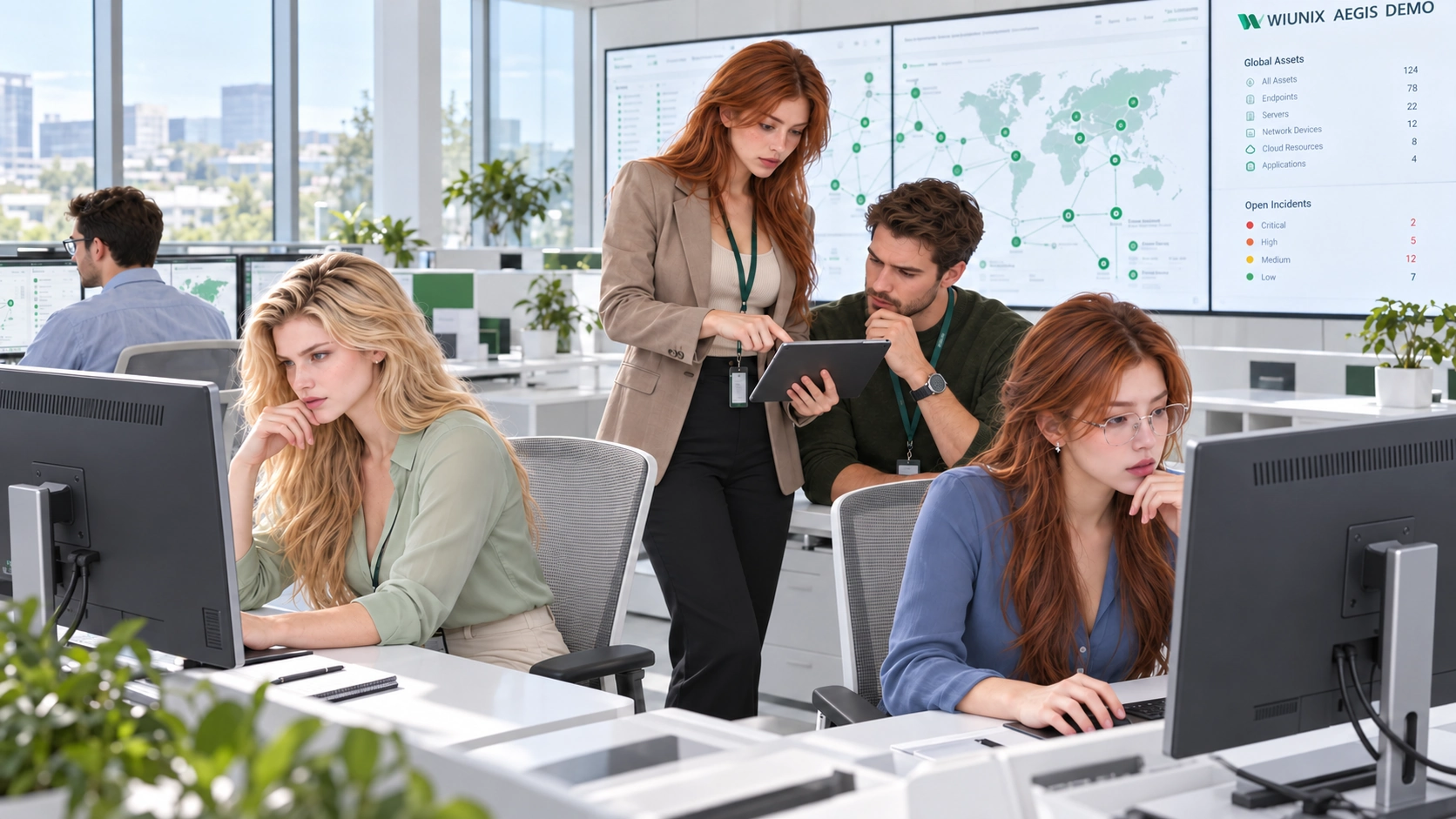 Illustrative Rose, Yuna, Kate and male colleagues working together in a bright Aegis security operations center