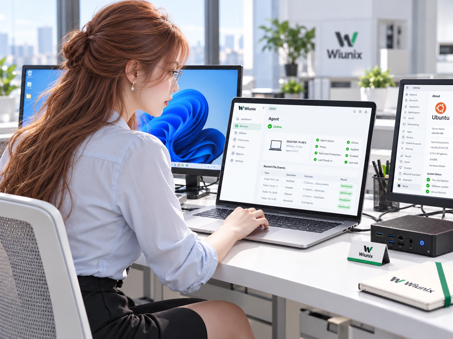 Illustrative Yuna testing Wiunix Agent across endpoint devices in a bright security lab