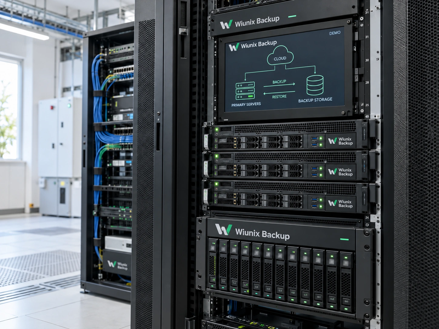 Illustrative Wiunix Backup server rack, backup storage array and cloud recovery topology display