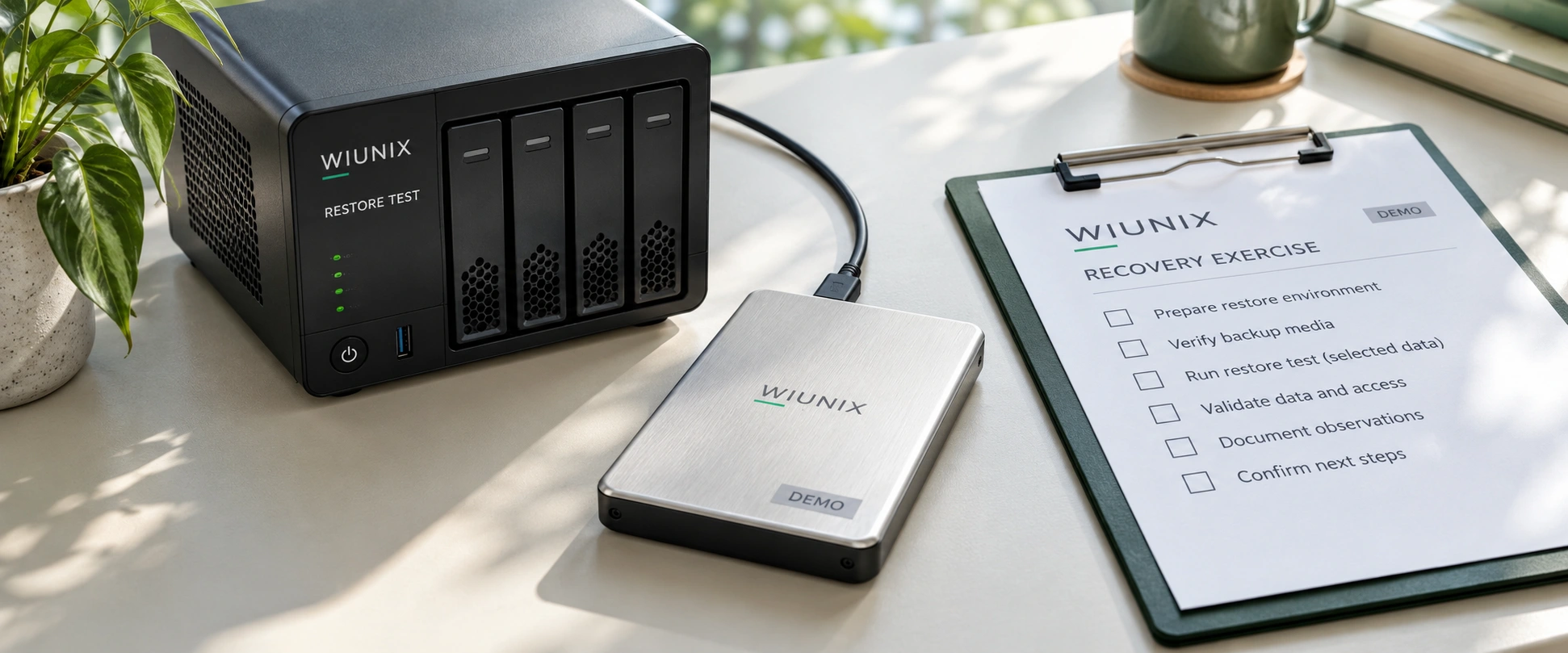 Illustrative Wiunix restore-test workbench with a storage appliance, backup drive and recovery checklist