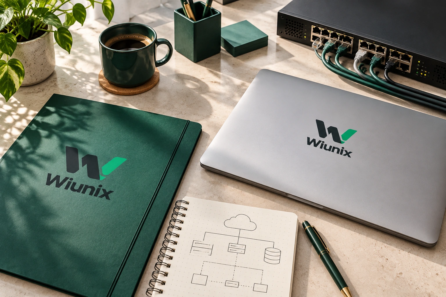 Illustrative Wiunix-branded infrastructure planning desk with network switch, laptop and architecture notebook