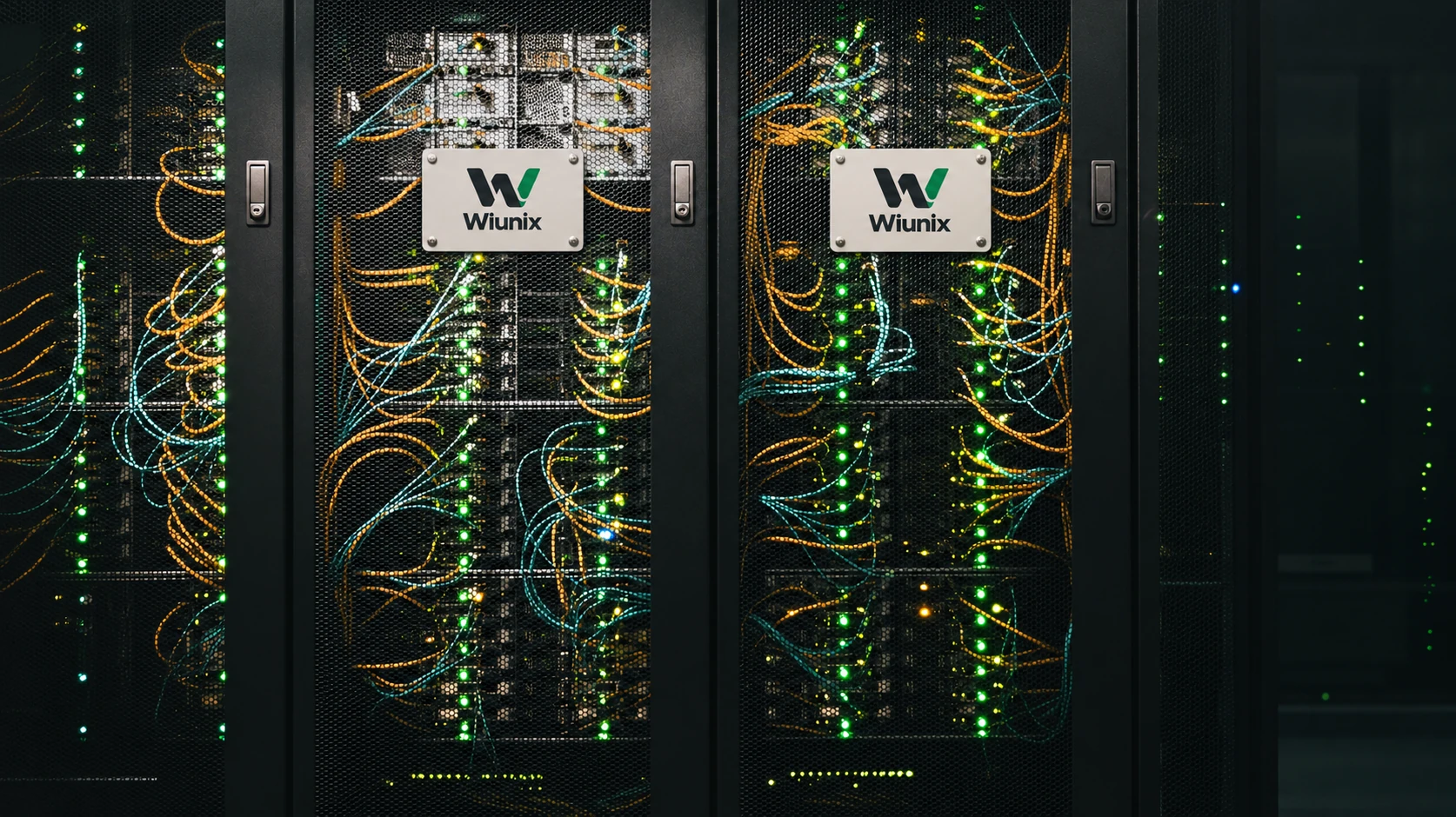 Illustrative Wiunix-branded network racks; adapted stock photography, not a verified Wiunix facility