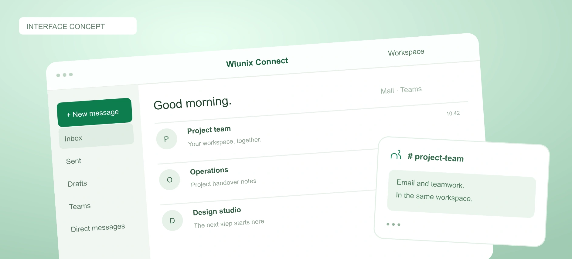Interface concept showing the Wiunix Connect inbox and project-team chat