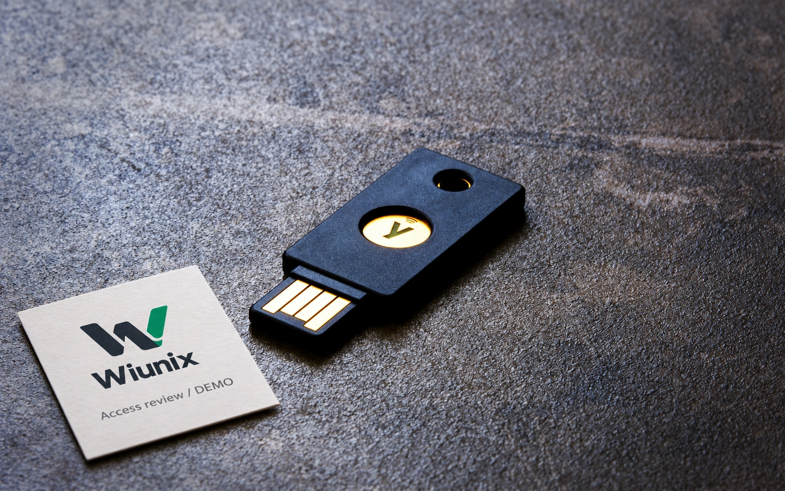 Authentication key beside an illustrative Wiunix access-review card