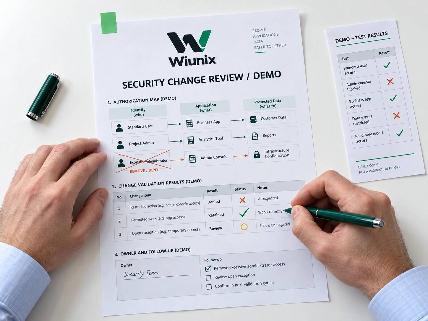 Generated overhead photograph of an analyst annotating a demonstration cybersecurity change-validation sheet