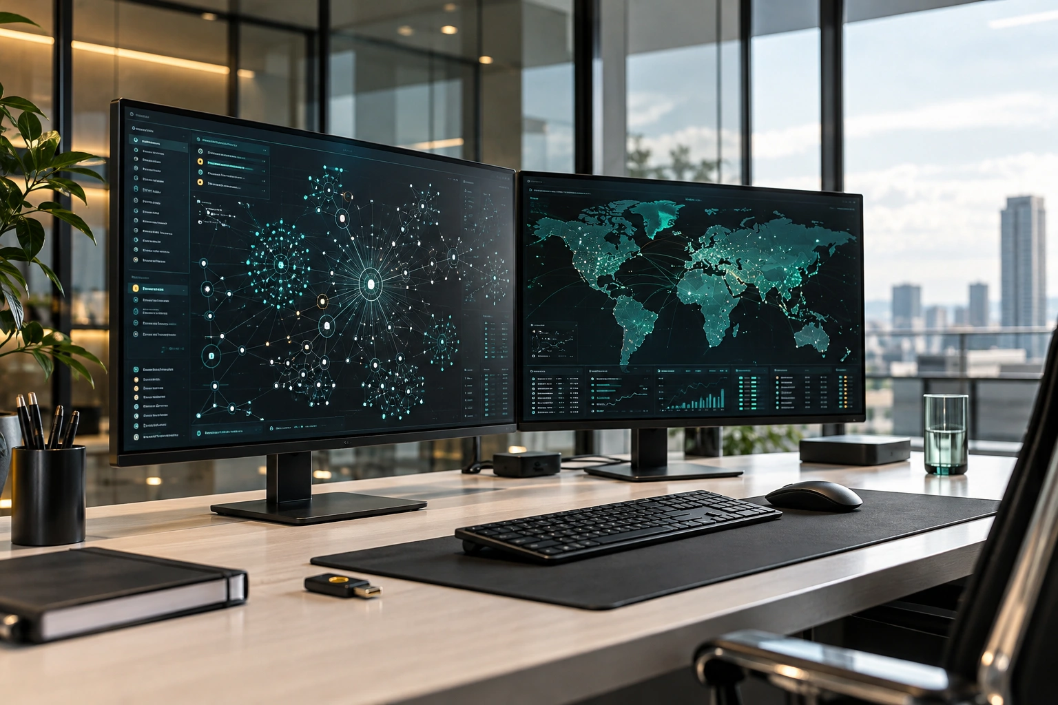 Cybersecurity operations workstation with network topology and monitoring displays