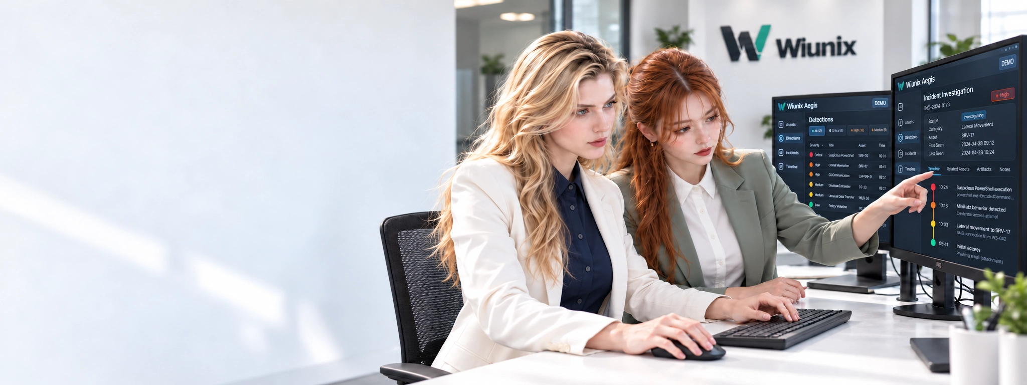 Generated scene of Rose and Yuna investigating a demonstration security event at a Wiunix security-analysis workstation