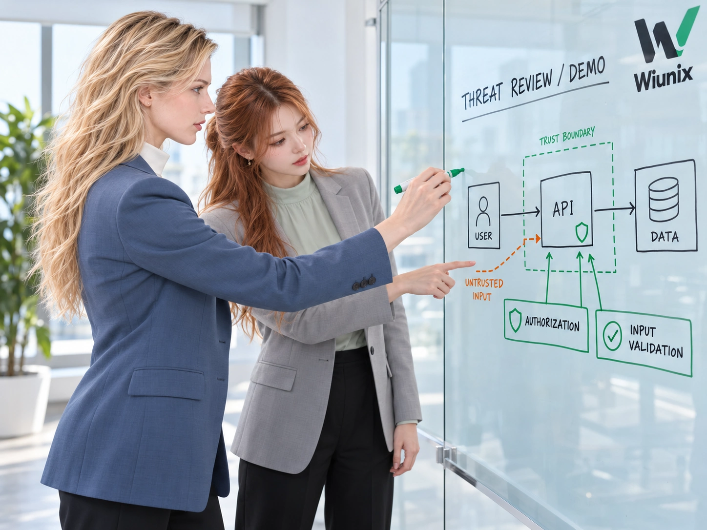 Generated scene of Rose and Yuna reviewing application threats and authorization boundaries on a glass board