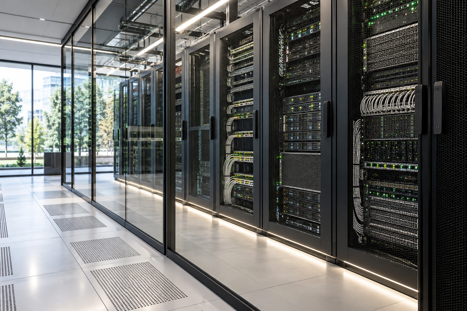 Enterprise server racks and organized network cabling in a glass-enclosed data room