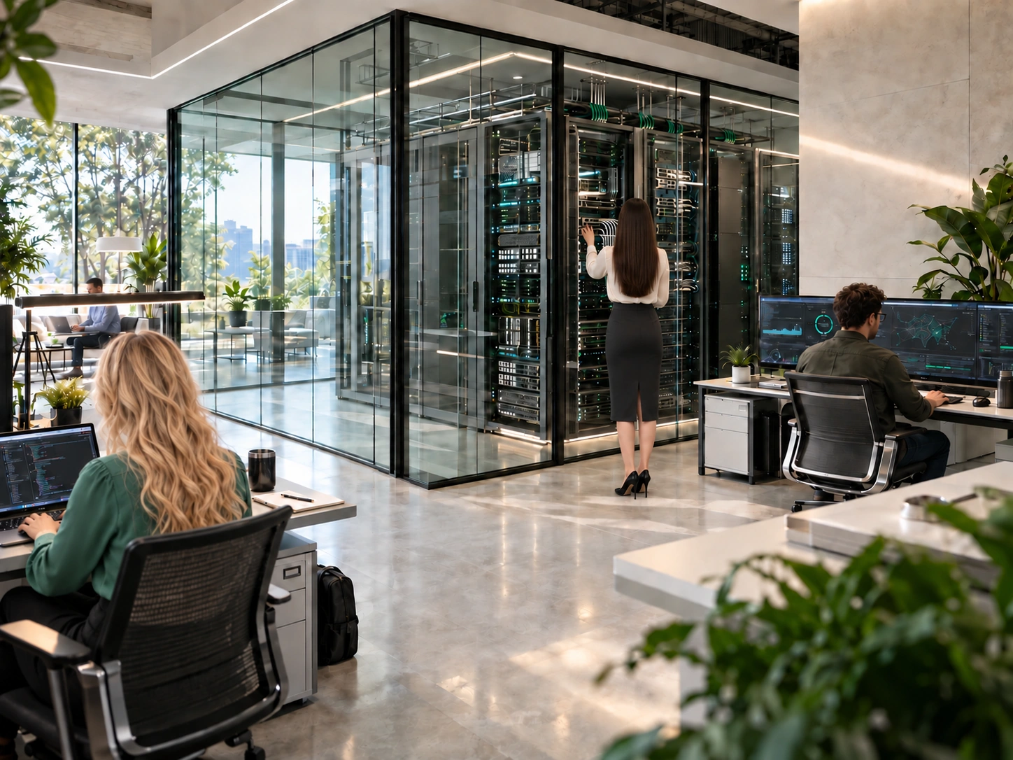 Wiunix engineers working beside a glass-enclosed server room
