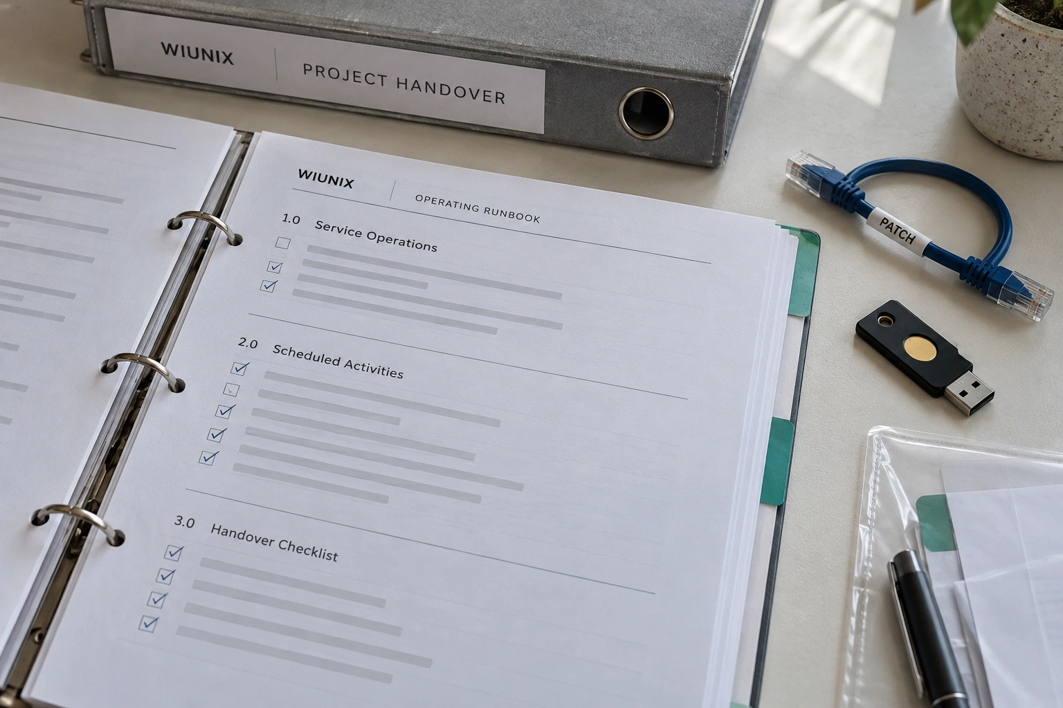 Illustrative Wiunix operating runbook, project handover binder, patch cable and security key