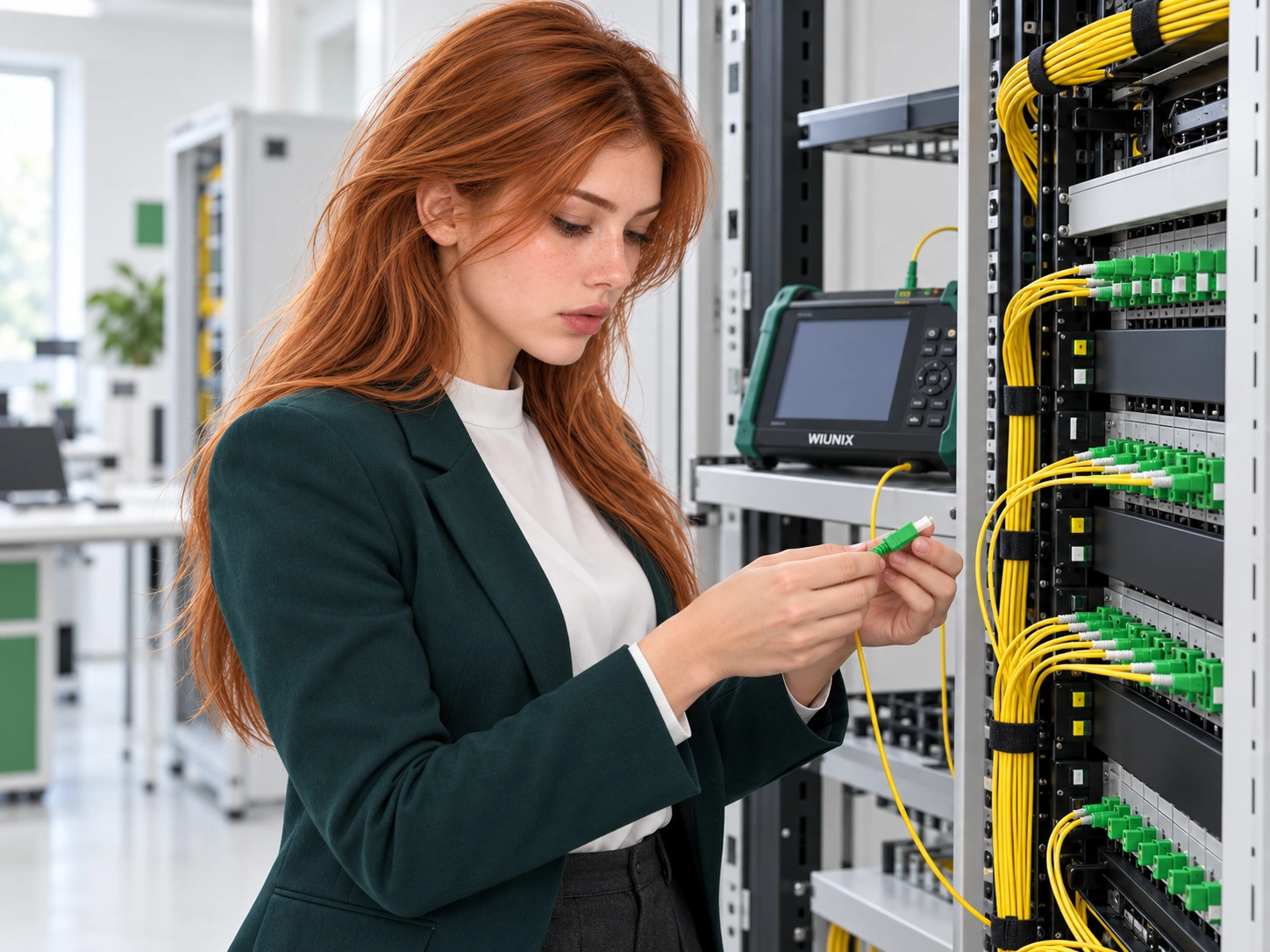 Telecommunications engineer examining fibre patching and an optical test instrument