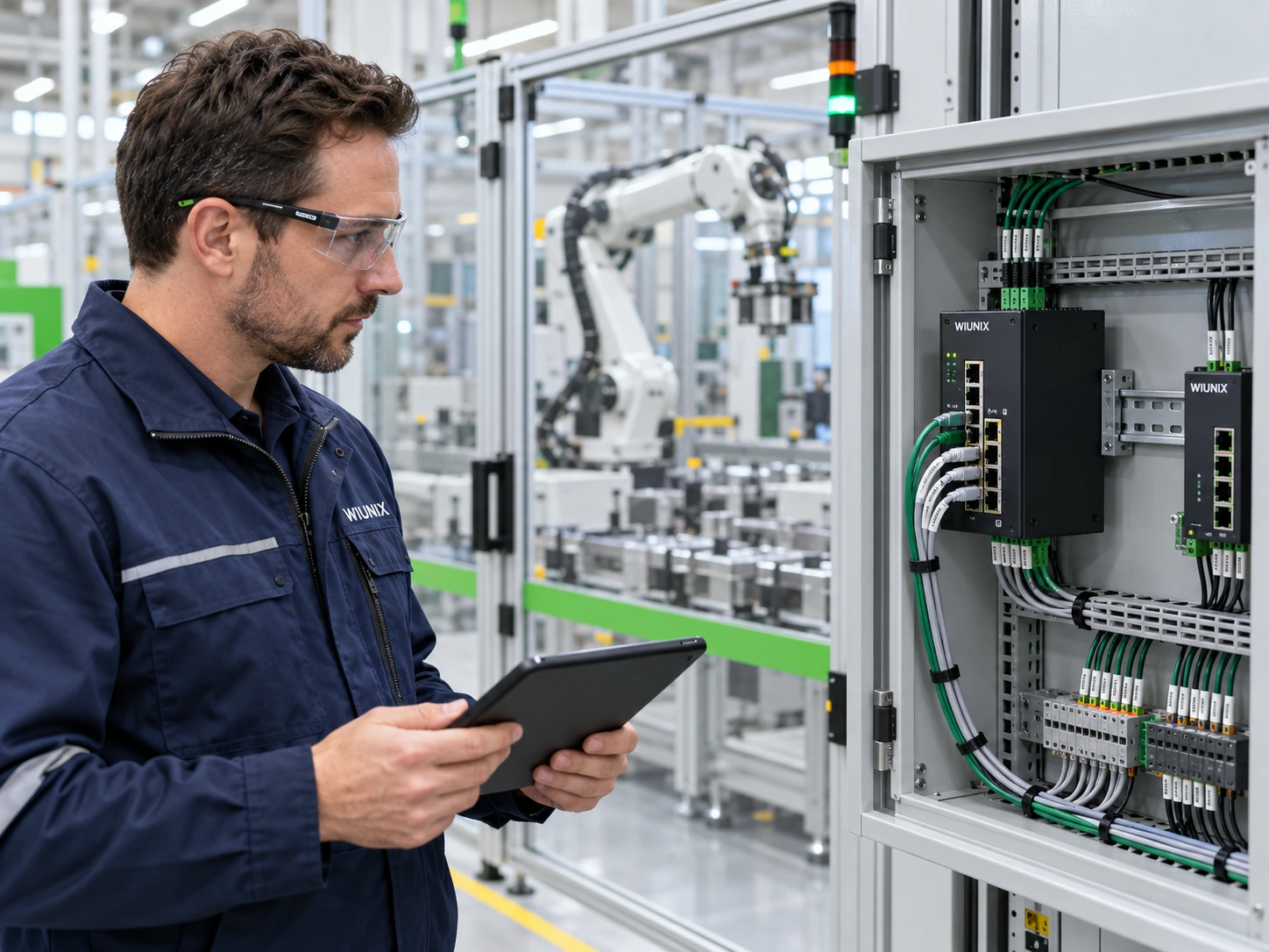 Industrial network engineer inspecting a gateway outside guarded production equipment